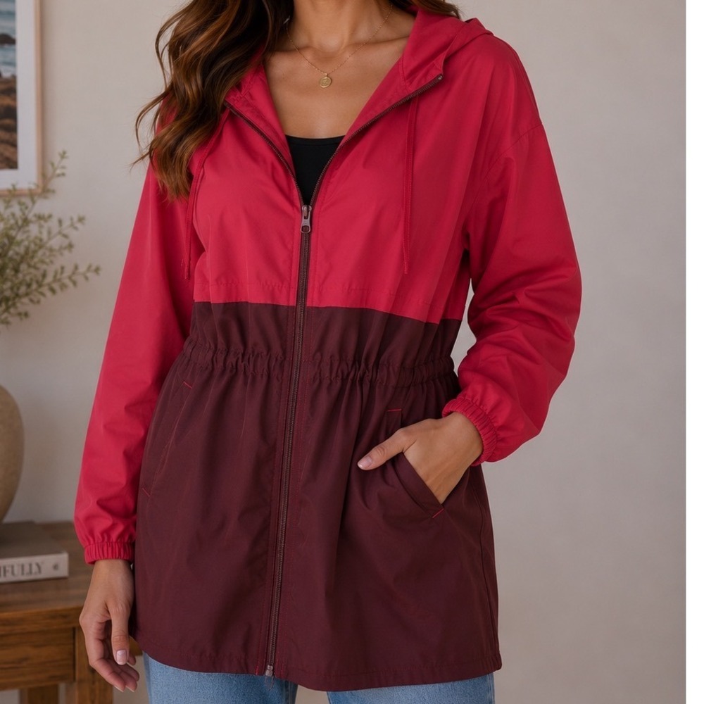 St. John's Bay Active Windbreaker Jacket Women's L Hooded Full Zip Colorblock